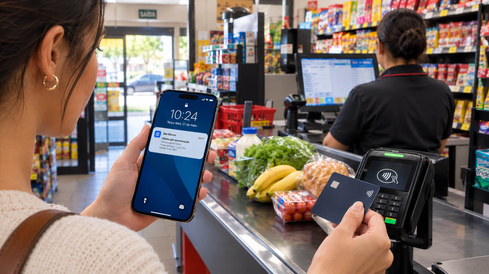 Pessoa conferindo no celular a notificação de uma compra feita por aproximação