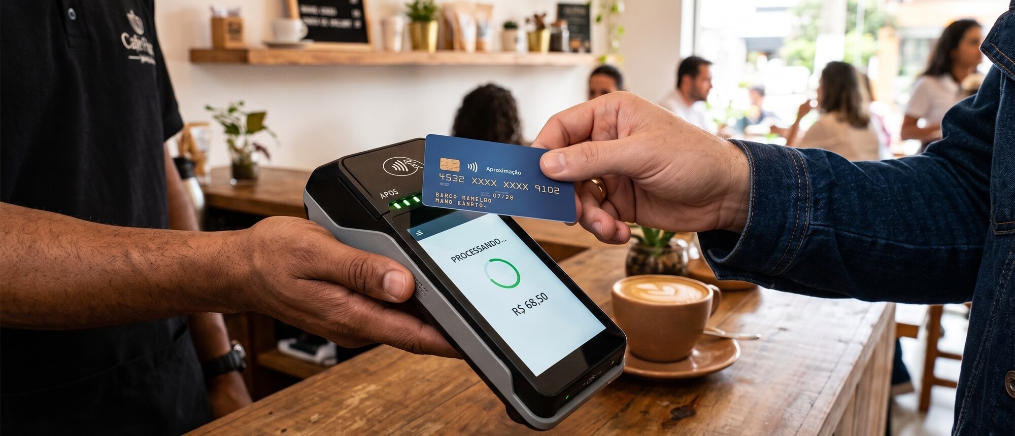 Pessoa encostando um cartão de crédito em uma maquininha de cartão para pagar por aproximação